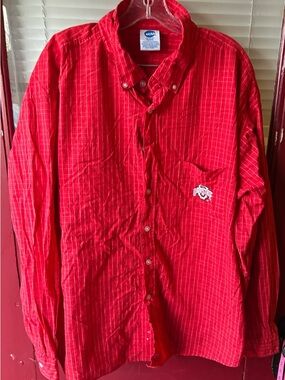 NCAA Red Pinstripe Button-Down Shirt with Chest Logo